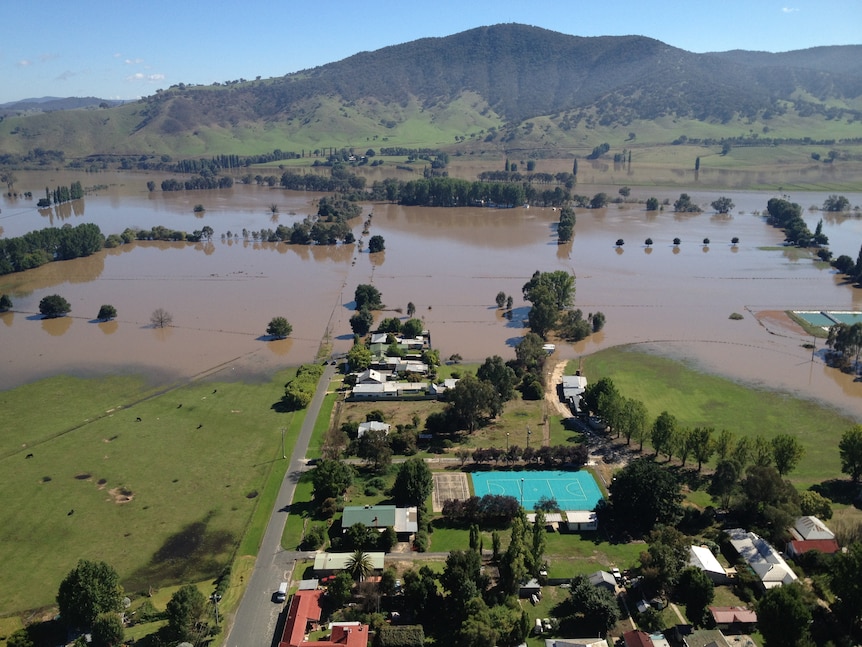 Floodwaters surround Walwa in Victoria's north-east.