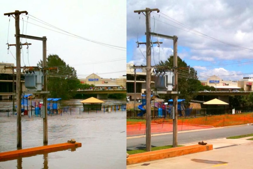 Playground before and after the floods