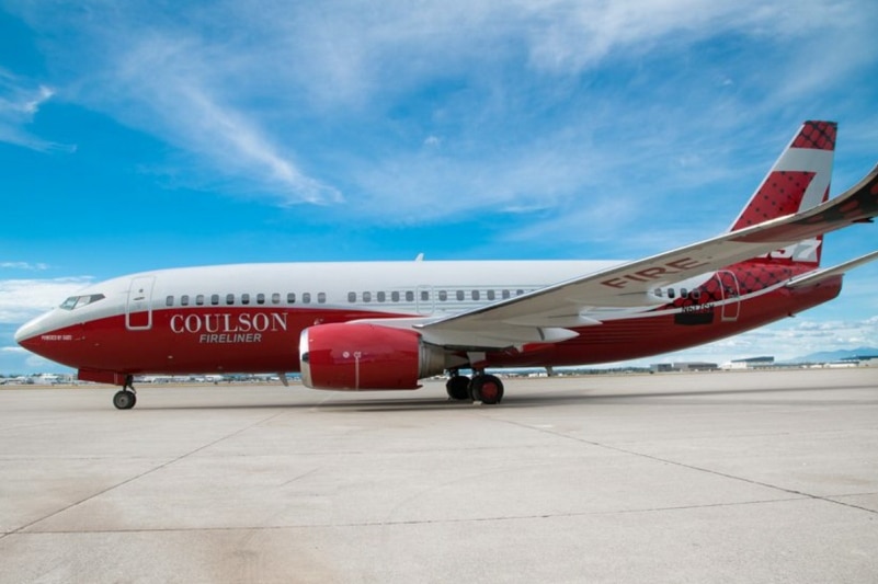 A large Boeing 737 sits on a tarmac, converted to carry 15,000 litres of water.