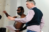 Scott Rankin with actor Trevor Jamieson in rehearsal for Namatjira
