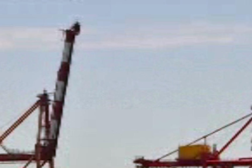 A shot of two cranes and their loading area across harbour at Fremantle port