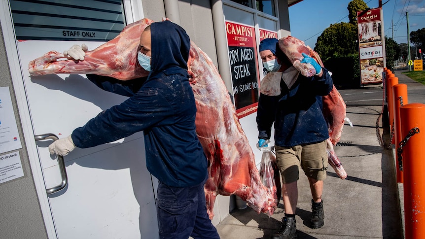 Two men carry pig carcasses over their shoulders as they arrive at the delivery entrance of Campisi Butchery in Liverpool.
