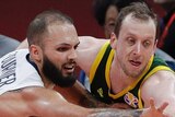 Joe Ingles contests for the ball at Basketball World Cup