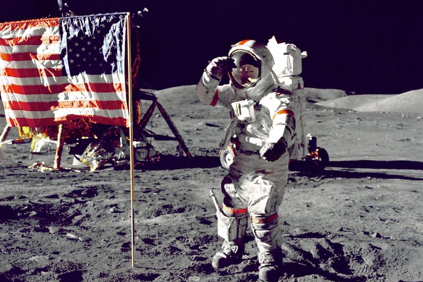 Apollo astronaut Captain Eugene Cernan walking on the moon.