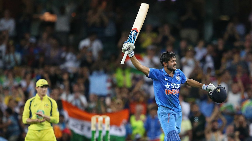 India's Manish Pandey gestures to the crowd after his ODI century against Australia at the SCG.