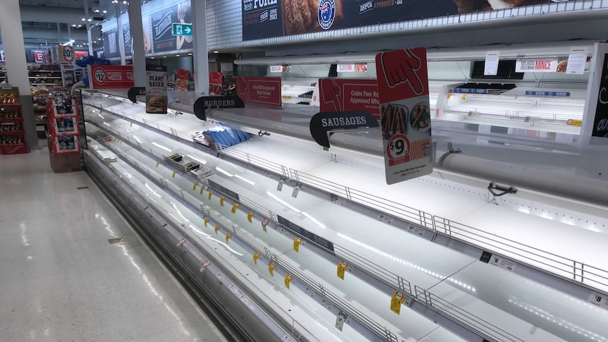 Most of the meat section had sold out at the Coles supermarket at Yarraville on Sunday night.