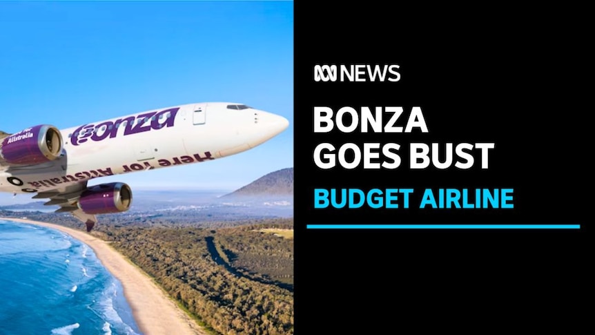 Bonza Goes Bust, Budget Airline: A graphic impression of a Bonza airliner flying over a tropical beach.