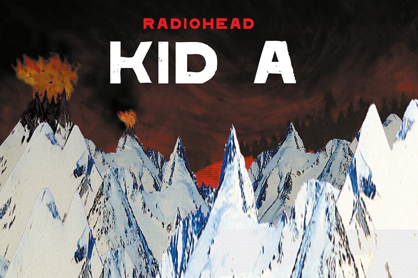 The album artwork for Kid A, featuring pixelated mountains.