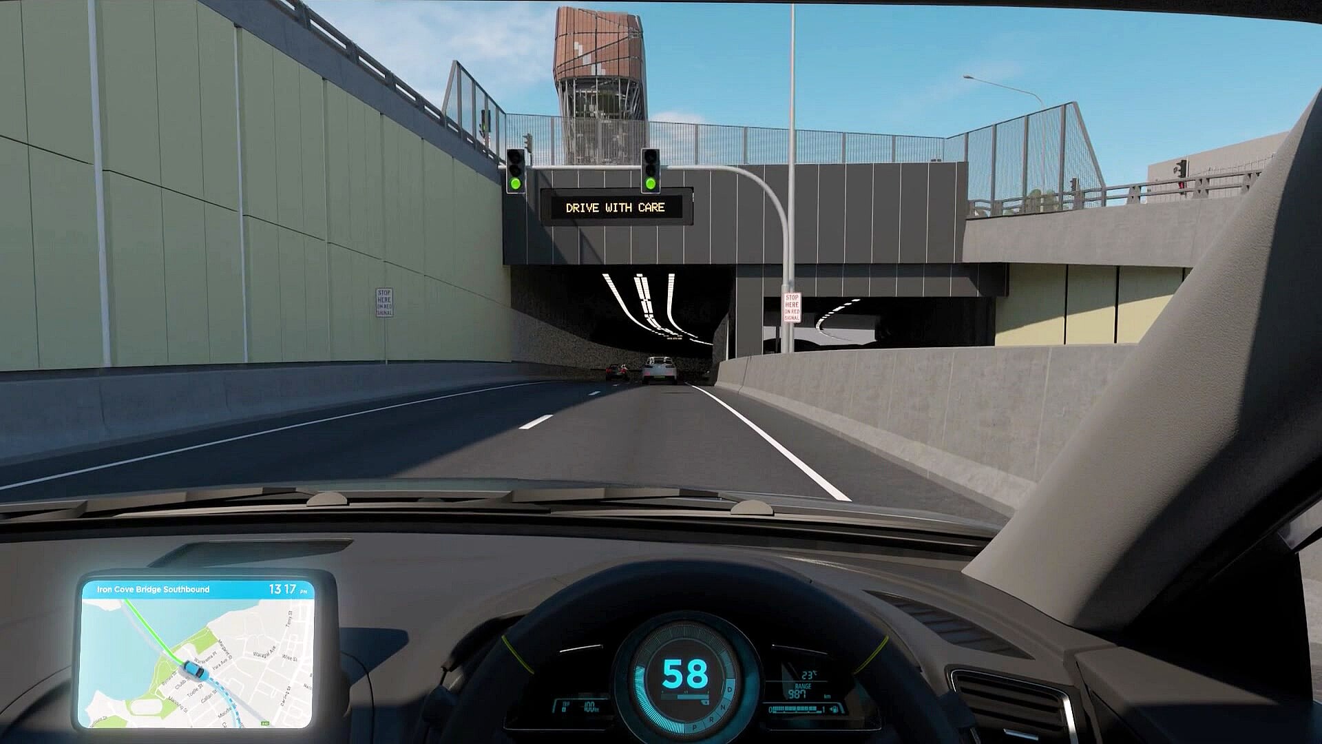 an image grab from a simulation of a driver in a car about to enter the rozelle interchange