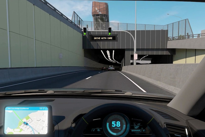 an image grab from a simulation of a driver in a car about to enter the rozelle interchange