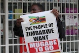 A man carries a poster readinhg "the people of zimbabwe want mugabe to go" alongside  a reworking of the zimbabwe national flag