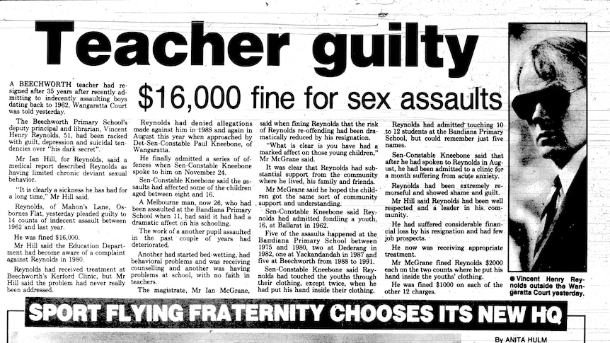 A newspaper article with the headline 'Teacher guilty' and a photo of a man in sunglasses.