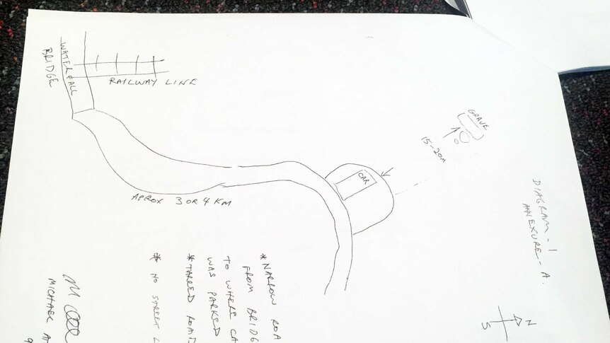 A diagram drawn in pen on white paper of the location of Matthew Leveson's body.