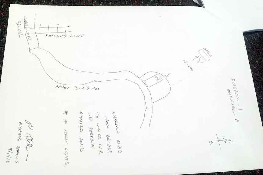 A diagram drawn in pen on white paper of the location of Matthew Leveson's body.