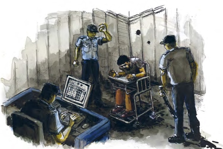 Иллюстрация с изображением человека, сидящего в "тигр стул" В окружении китайских силовиков