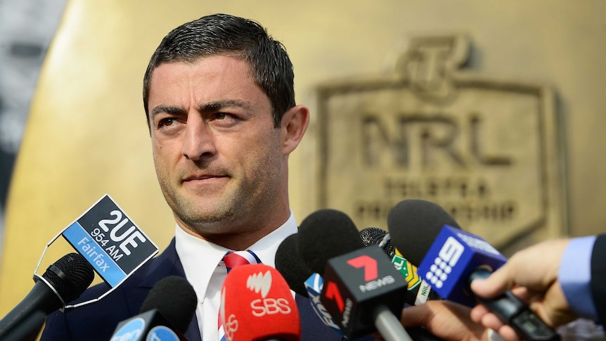 Face of league ... Anthony Minichiello speaks to the media at the NRL season launch