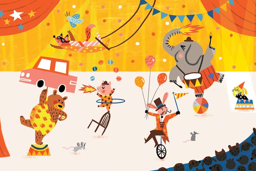 A drawing of animals dancing in a circus.
