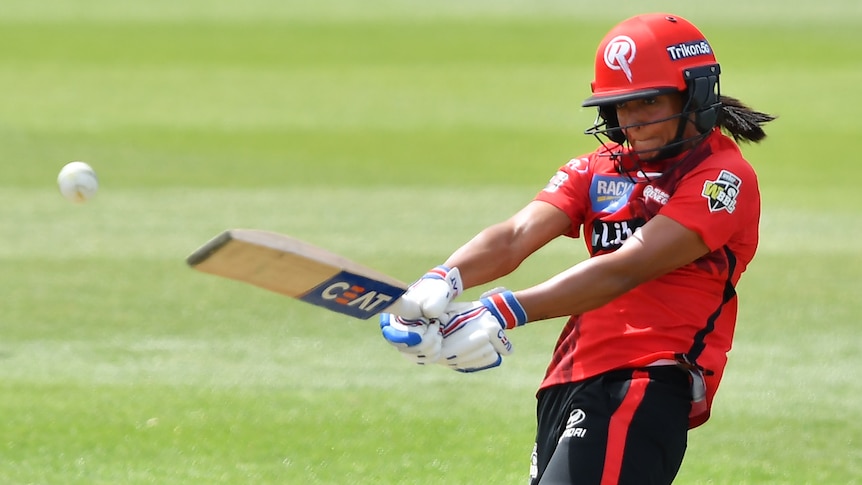 Renegades cricketer Harmanpreet Kaur eyes the ball intently as she lines up a shot on the legside during a WBBL match