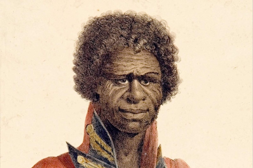 Bungaree pictured in red colonial coat with black and gold details for hand-drawn portrait.