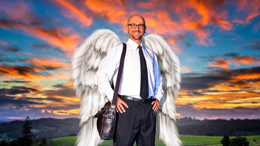 A stylised image of a man with big angel wings standing in green field.