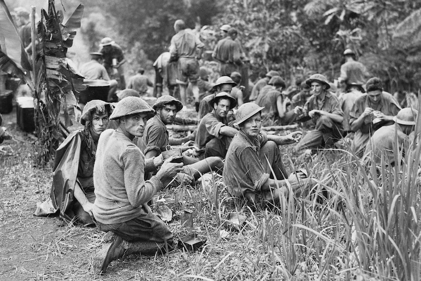 Men in a jungle setting eating food