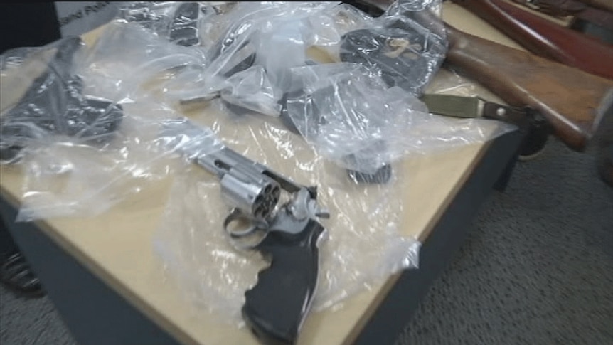 TV still of weapons seized in FNQ police raid. Wed June 4, 2014