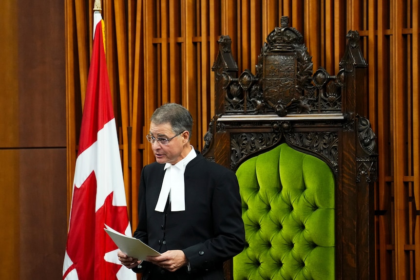 Anthony Rota delivers a speech from the speaker's chair in Canada's parliament. 
