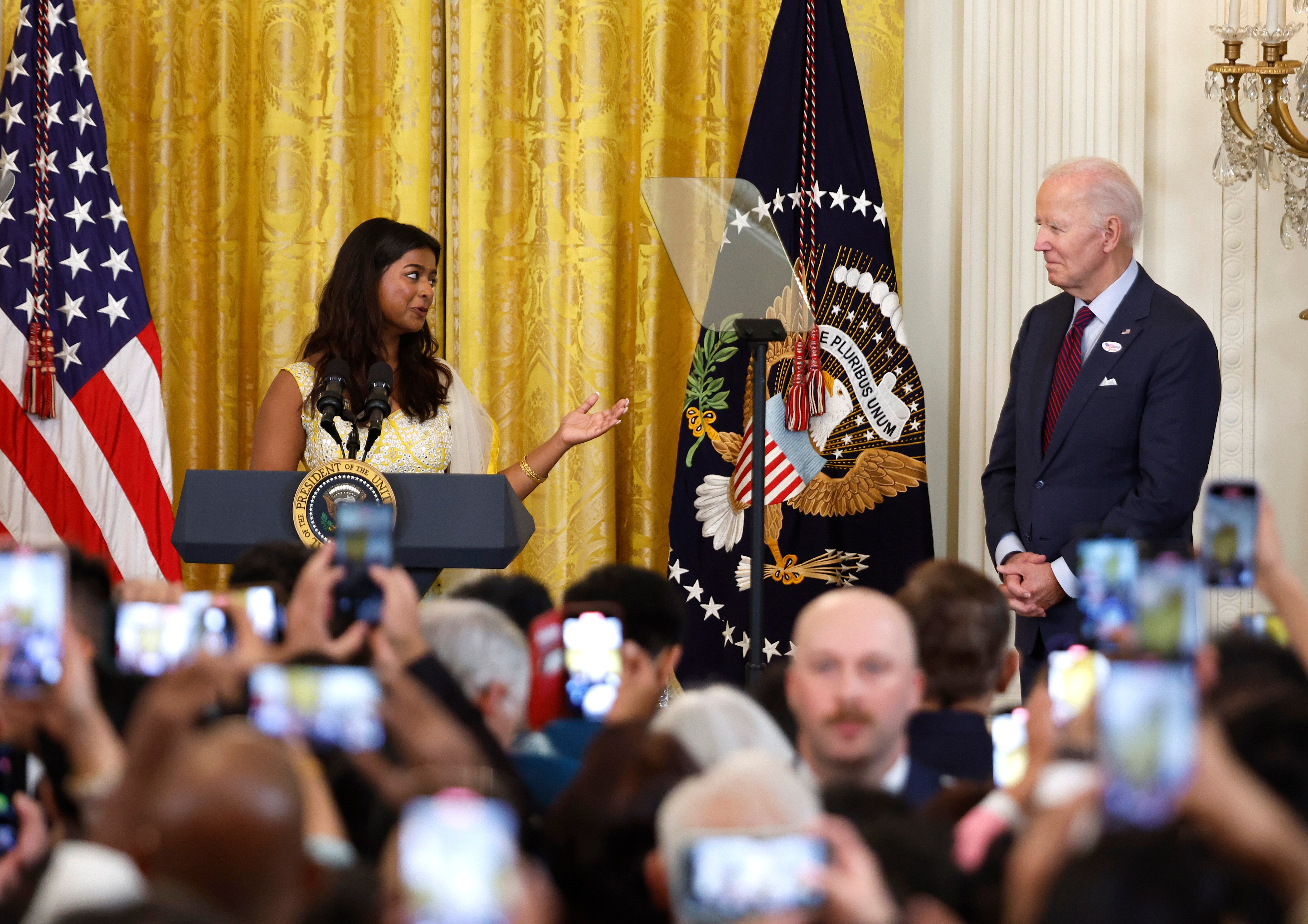 Shrusti Amula introduces President Joe Biden for the Diwali celebration at the White House