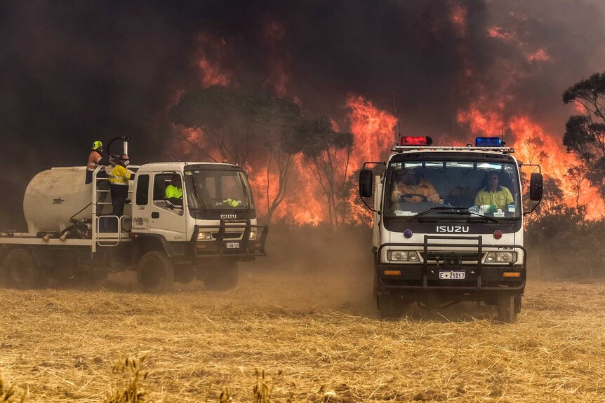 Firefighters in two trucks battle an out of control bushfire.