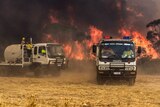 Firefighters in two trucks battle an out of control bushfire at Grass Patch near Esperance