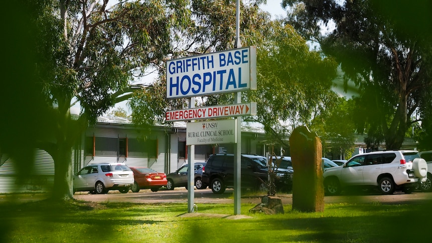 A sign for the Griffith Base Hospital emergency driveway