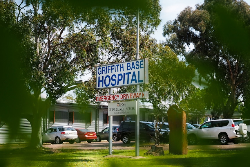 A sign for the Griffith Base Hospital emergency driveway