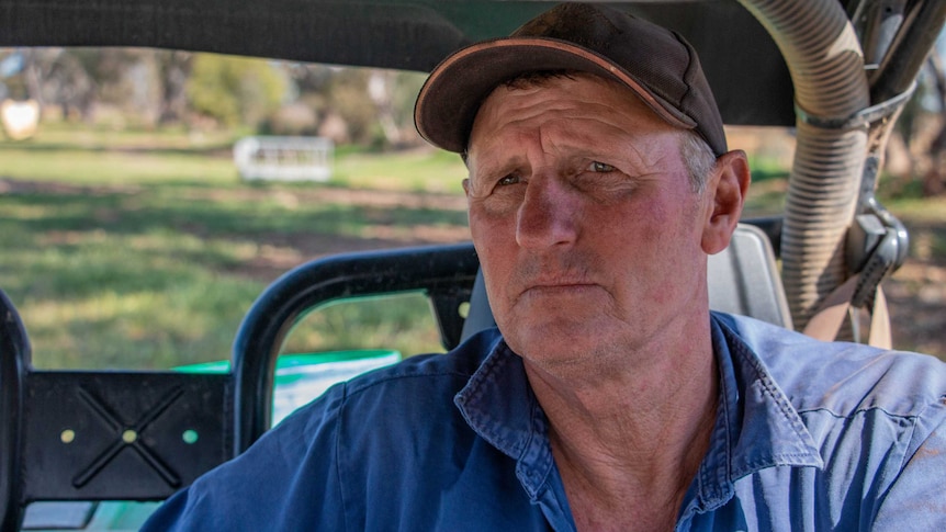 A man in a blue collared shirt and a cap sits in a buggy with grass in the background.