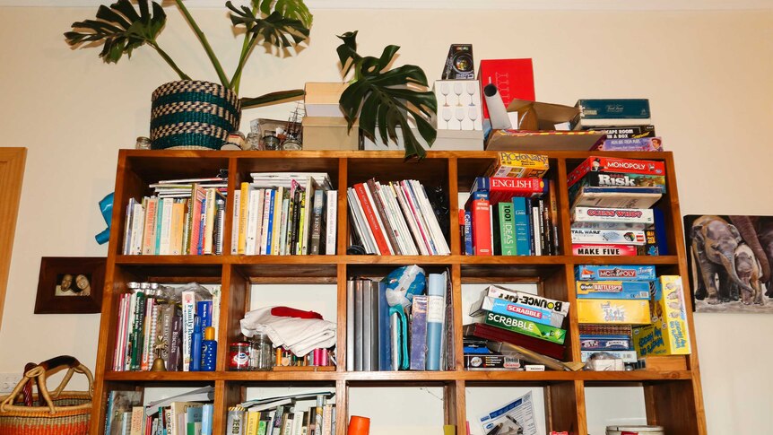 A brown wooden bookshelf stacked with books and pot plants and board games.