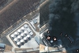 Composite image of the depot before, intact, and after, in black smoke