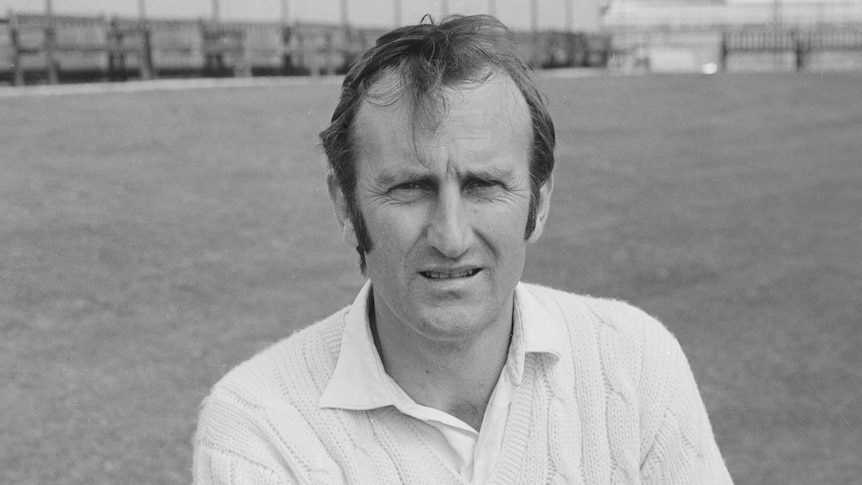 A black and white image of an English male cricketer looking at the camera in 1972.