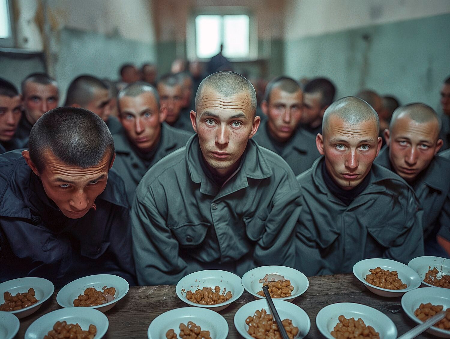 men in uniform with minimal meals in front of them look at camera