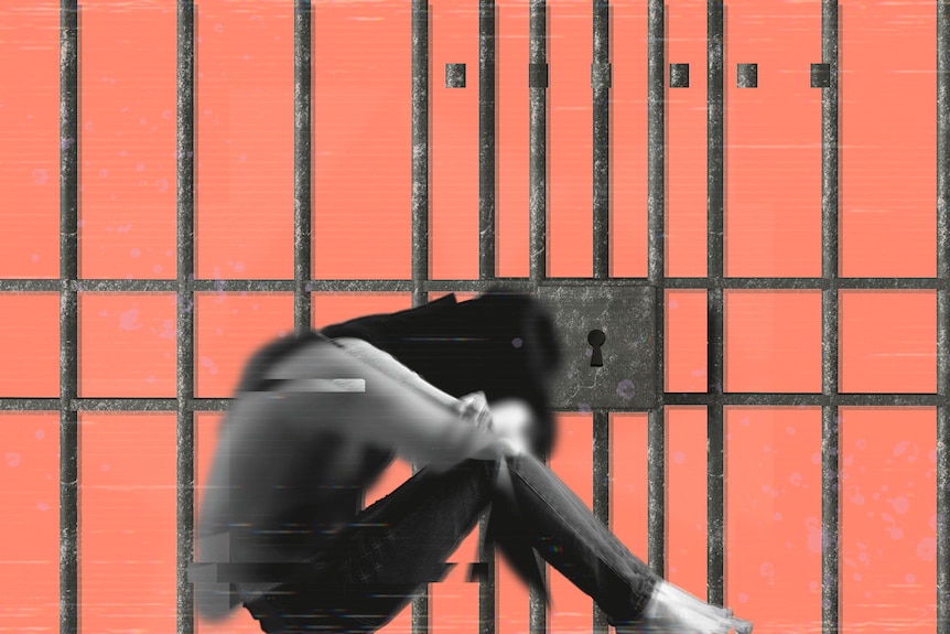 A graphic illustration shows a woman sitting in front of a prison cell with her head on her knees