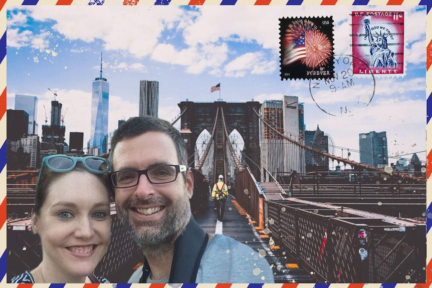 Selfie of man and woman on Brooklyn Bridge in New York City representing the experiences of being an Australian expatriate.
