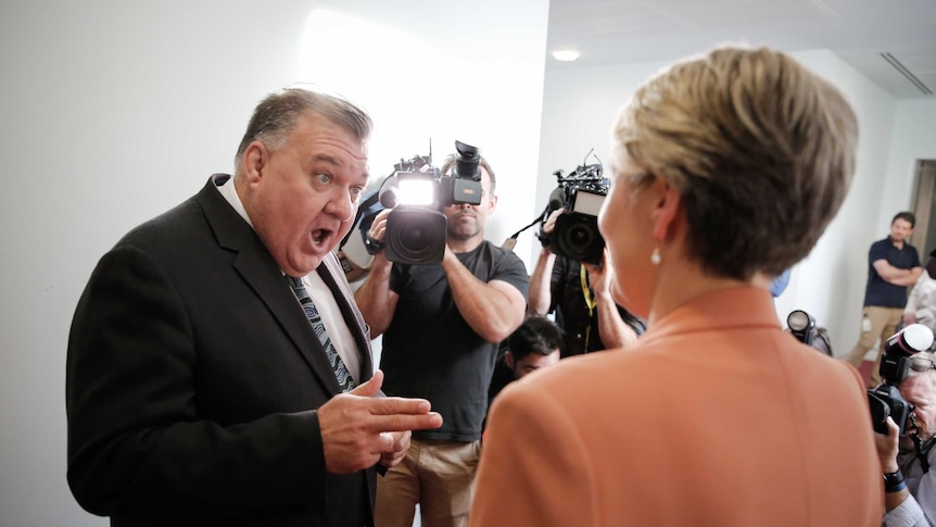 Craig Kelly points at Tanya Plibersek with his mouth wide open. Media are filming the interaction