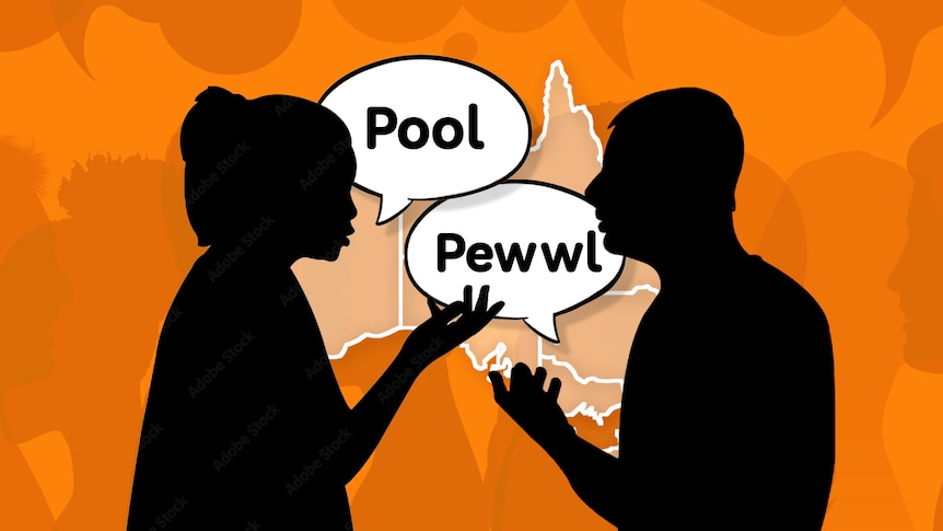 Two people silhouetted with two speech bubbles "pool and pewwl". A map of Australia is in the background.