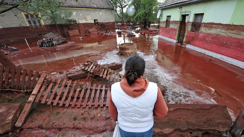 A woman surveys the damage after toxic red sludge swept through Devecser