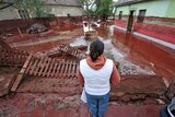 A woman surveys the damage after toxic red sludge swept through Devecser
