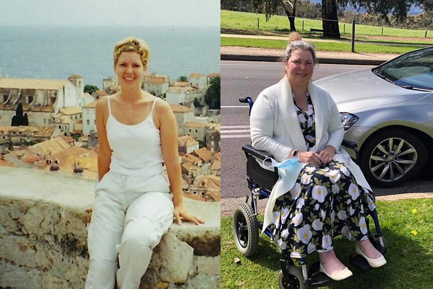 Left: Bronwyn sits on a wall overlooking an old European city. Right: Bronwyn sits in a wheelchair on the grass.