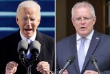 A composite image of Joe Biden at his inauguration and Scott Morrison at a podium