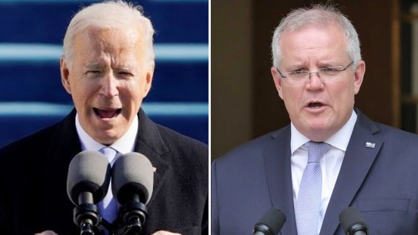 A composite image of Joe Biden at his inauguration and Scott Morrison at a podium