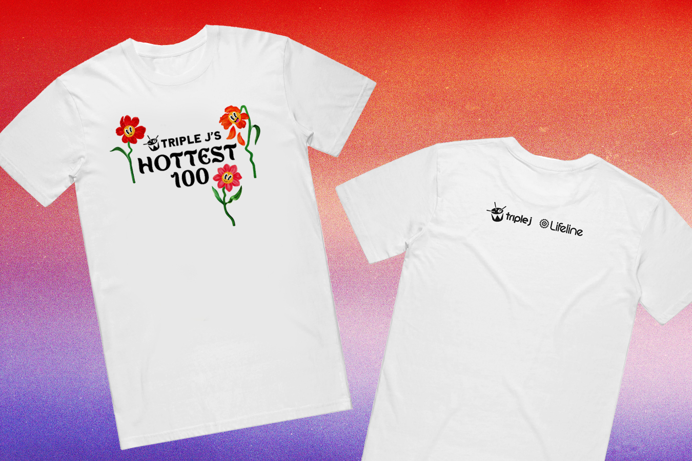 Design for Hottest 100 x Lifeline t-shirt front and back with text, logos, and cartoon flowers