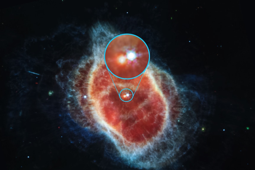 The mid-infrared image shows a small, dim star nestled next to its brighter, younger companion.