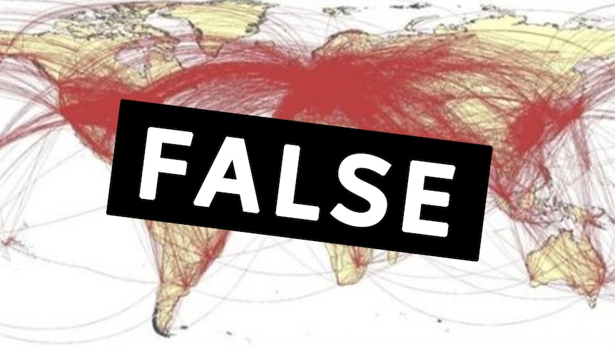Graphic image of a world map with red line flight patterns and a large watermark of the word 'false'.