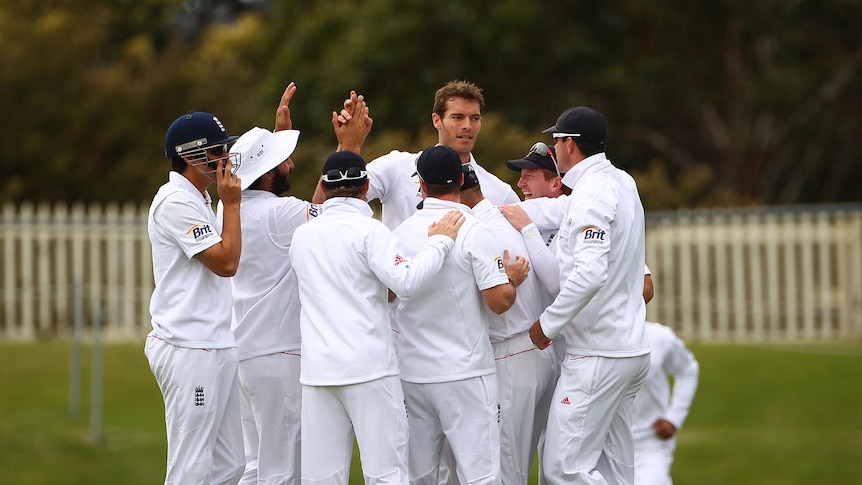 Tremlett celebrates a wicket in Hobart.